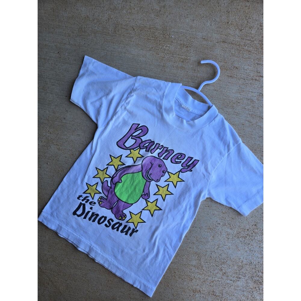Vintage Barney the Dinosaur Kids M 6/8 White Cotton Graphic Print Crew Neck Tee